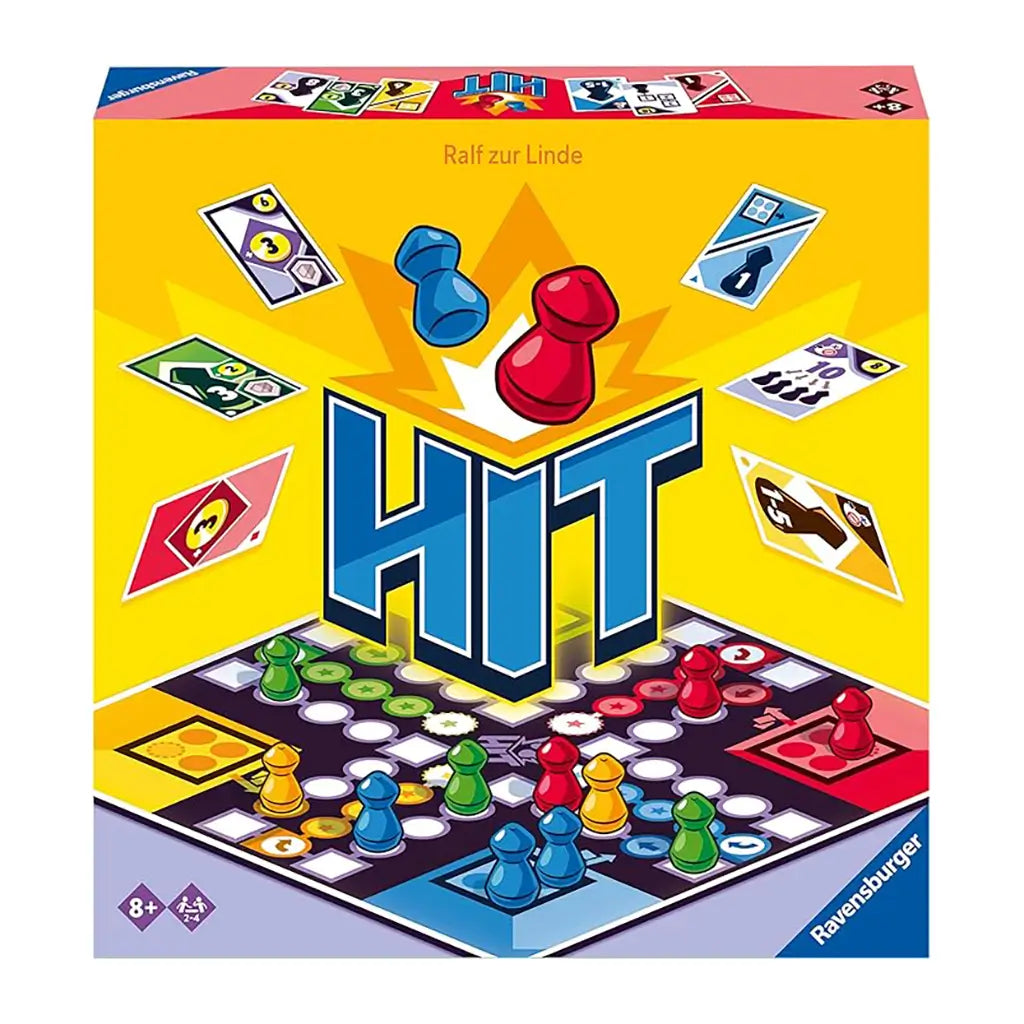 Ravensburger HIT board game box with bright yellow cover, bold blue logo, red and blue pawns, colorful cards, and illustrated game board showing pieces and tokens.