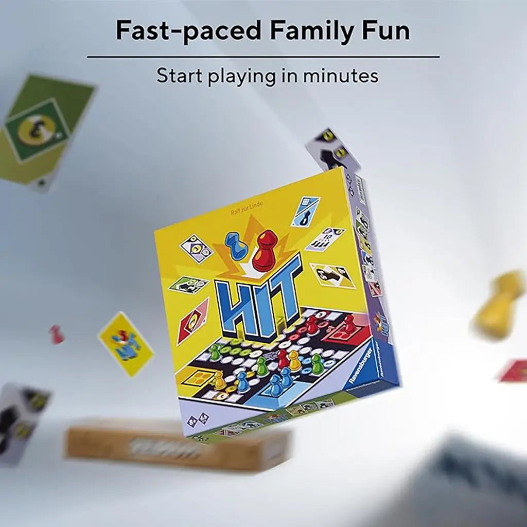 Floating Ravensburger HIT board game box with yellow cover, colorful pawns, cards, and tagline promoting fast-paced family fun that starts in minutes.