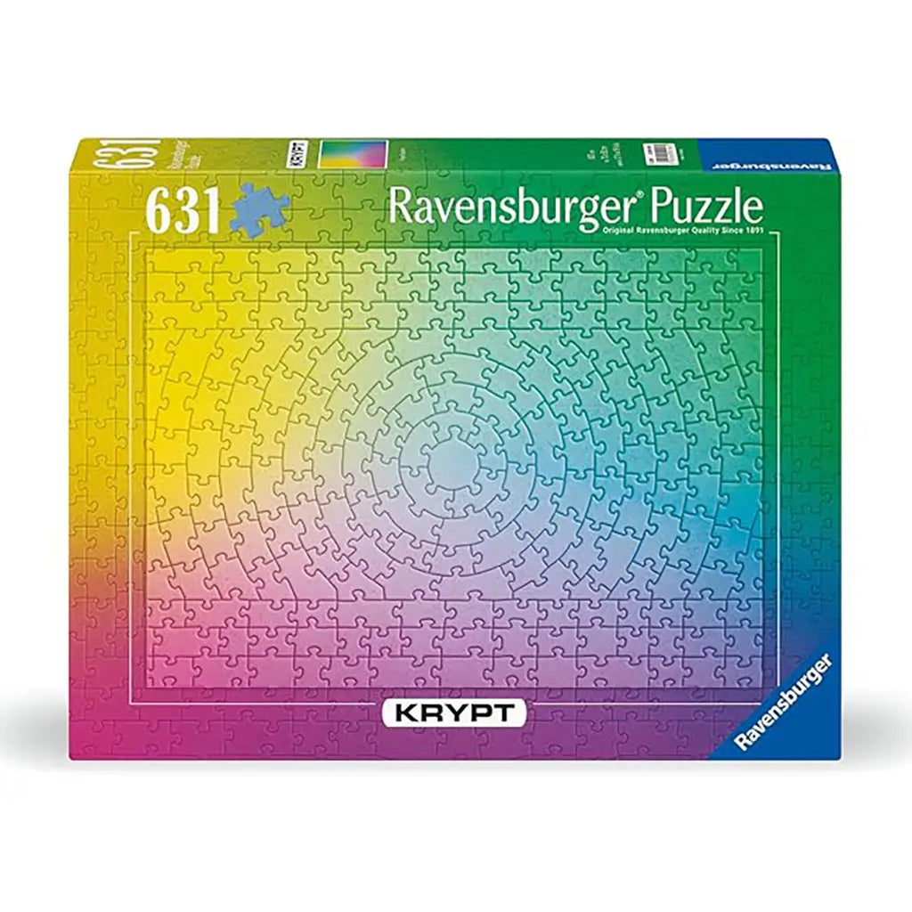Ravensburger Krypt 631-piece puzzle box shows a circular gradient design shifting from yellow and green to purple and blue, emphasizing its challenging color pattern.