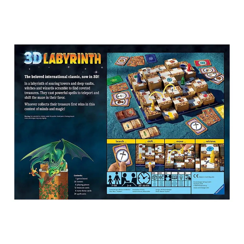Back of Ravensburger 3D Labyrinth box with detailed instructions, dragon illustration, and photo of raised maze setup, explaining game mechanics like search, shift, move, and retrieve.