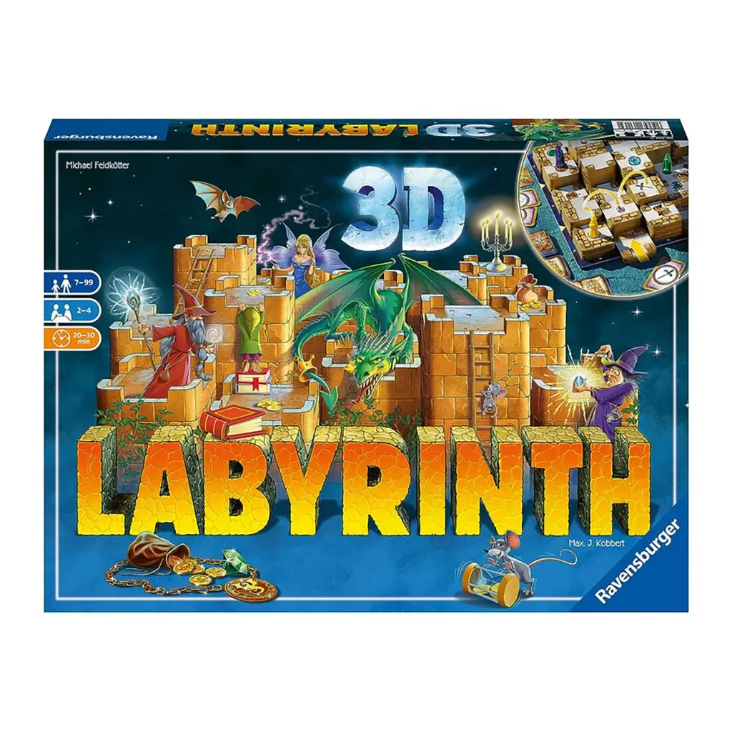 Front of Ravensburger 3D Labyrinth box with fantasy artwork showing dragon, wizard, and castle towers, advertising a 20–30 minute family strategy board game for 2 to 4 players.