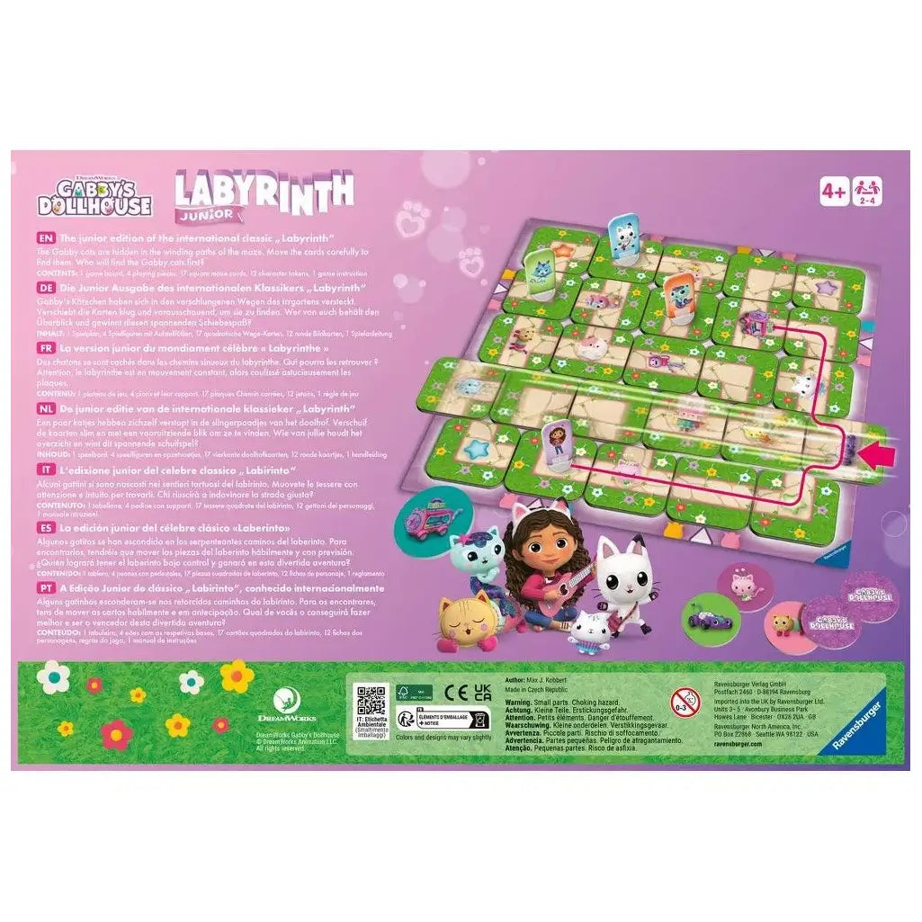 Back of the Gabby’s Dollhouse Junior Labyrinth game box showing gameplay instructions in multiple languages with colorful visuals and included components.