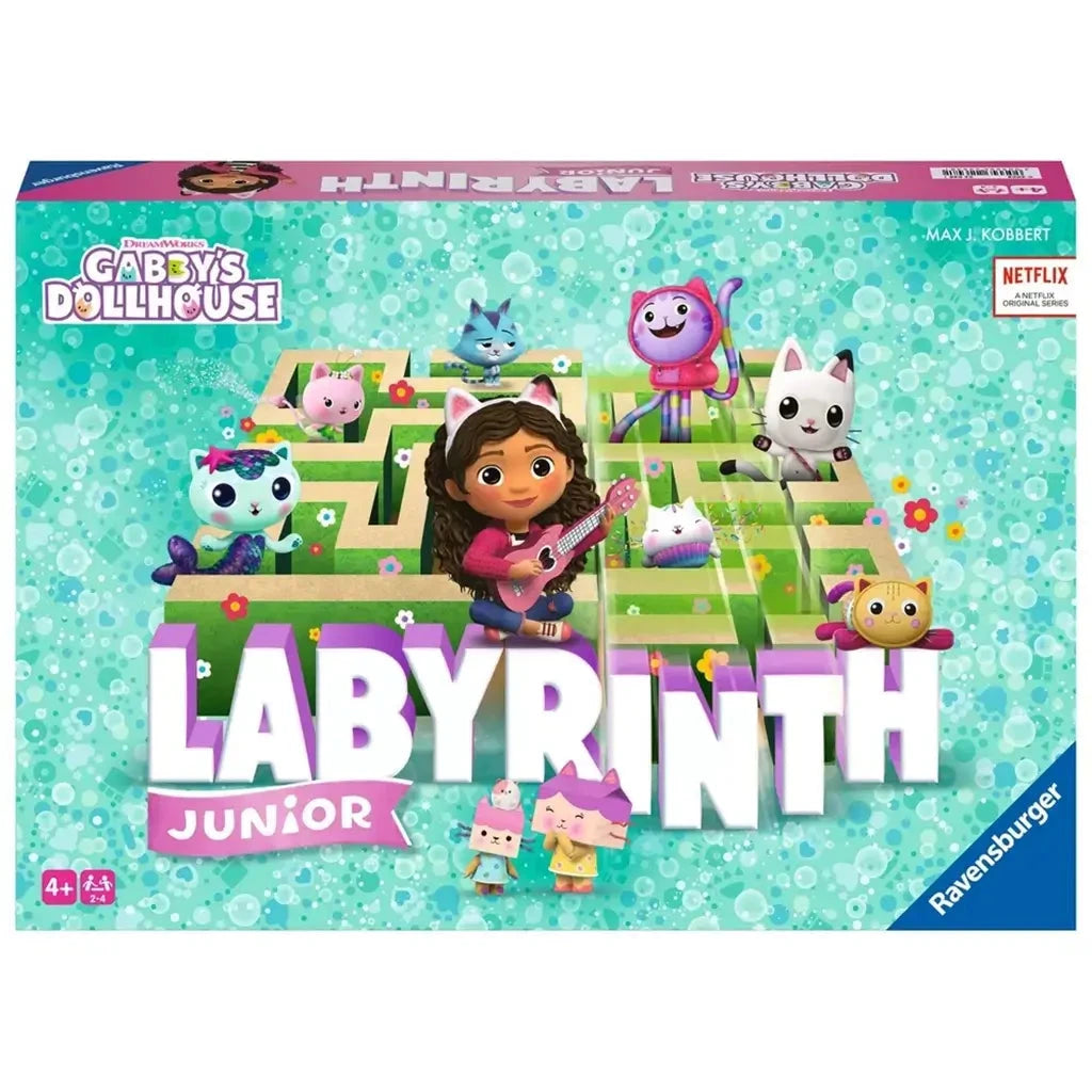 Front of Gabby’s Dollhouse Junior Labyrinth game box by Ravensburger, featuring Gabby and cat characters in a bright, kid-friendly maze-themed design.
