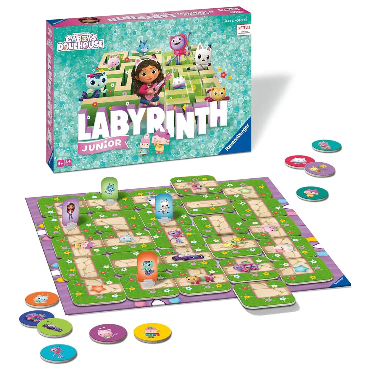 Gabby's Dollhouse Junior Labyrinth board game set up with character pieces, colorful tokens, and maze tiles, designed for preschoolers to navigate fun paths.