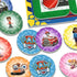 Colorful round cardboard tokens from Ravensburger’s Paw Patrol Junior Labyrinth game show characters like Ryder, Skye, and Marshall on textured backgrounds for matching play.