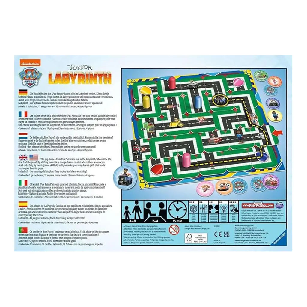 Back of Ravensburger Paw Patrol Junior Labyrinth box displays maze board layout, game components, and multilingual descriptions, with colorful character tokens shown around edges.