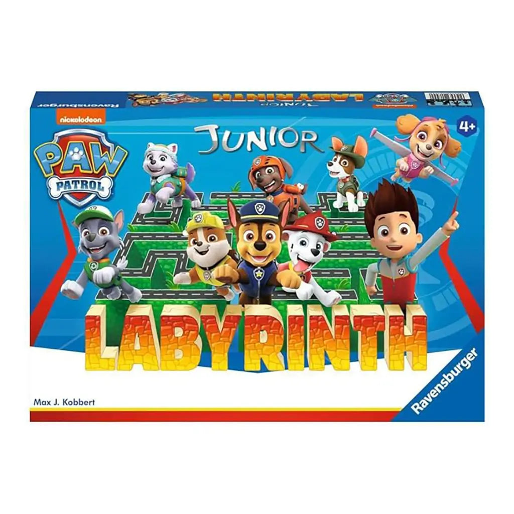 Bright blue Ravensburger Paw Patrol Junior Labyrinth game box shows Chase, Marshall, Skye, and other pups with Ryder above a green maze, highlighting the fun family board game.