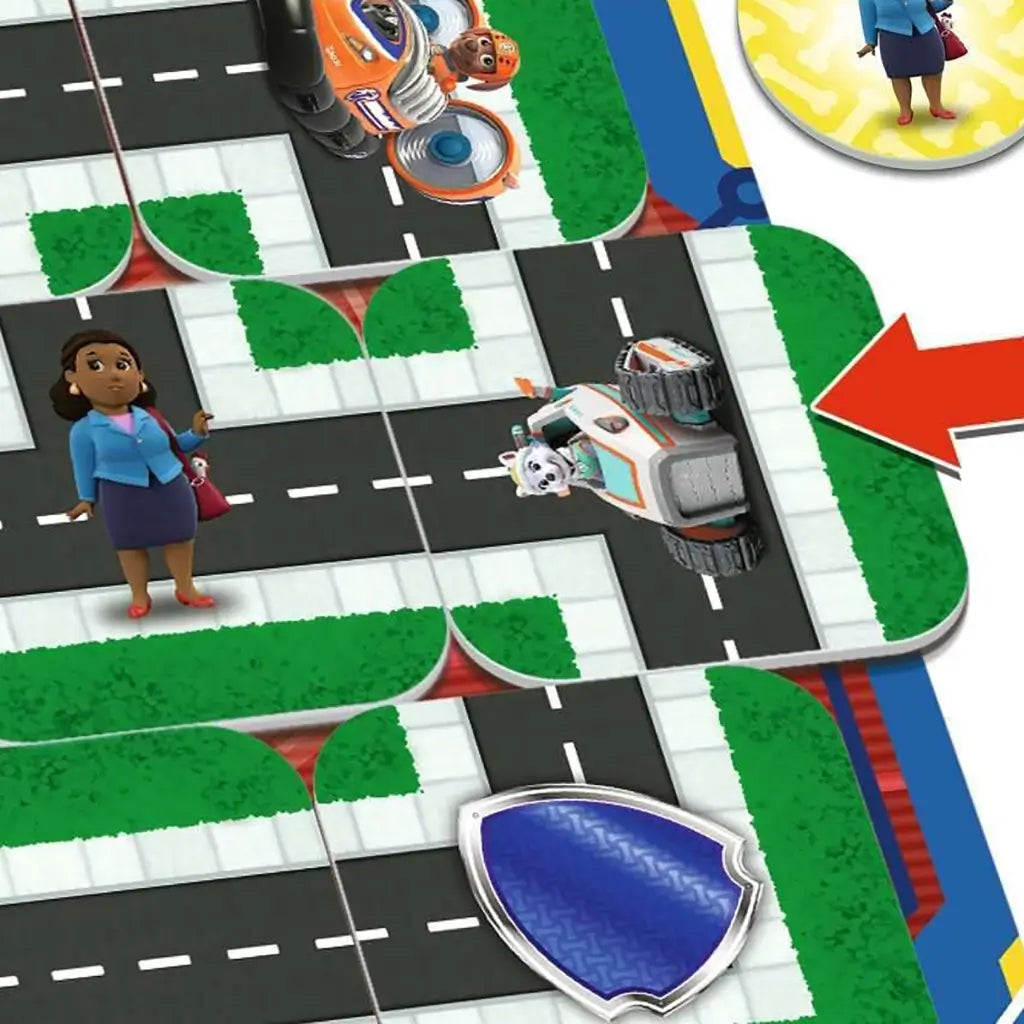 Close-up of Ravensburger Paw Patrol Junior Labyrinth maze tiles shows Mayor Goodway and Everest on intersecting roads, with bold arrows highlighting shifting path mechanics.