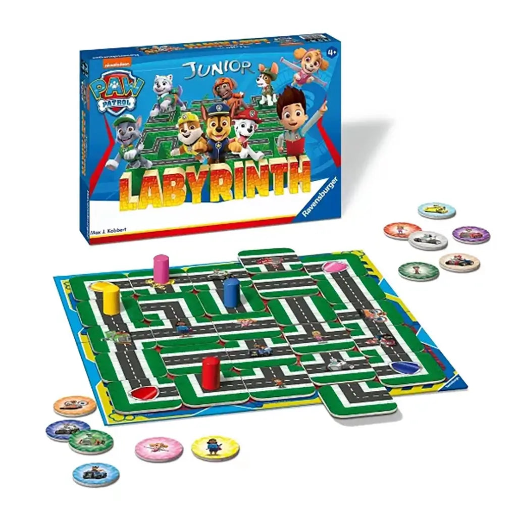 Ravensburger Paw Patrol Junior Labyrinth set includes the full maze board with shifting tiles, round character tokens, colorful player pegs, and the illustrated packaging box.