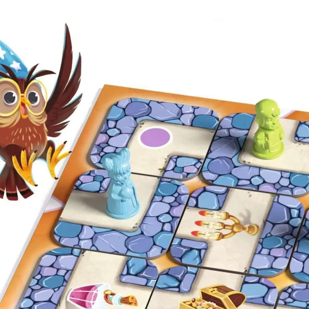 Close-up of Ravensburger Labyrinth Junior board with blue stone maze tiles, illustrated treasure icons, and colorful child-friendly playing figures shaped like animals.
