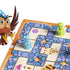 Close-up of Ravensburger Labyrinth Junior board with blue stone maze tiles, illustrated treasure icons, and colorful child-friendly playing figures shaped like animals.