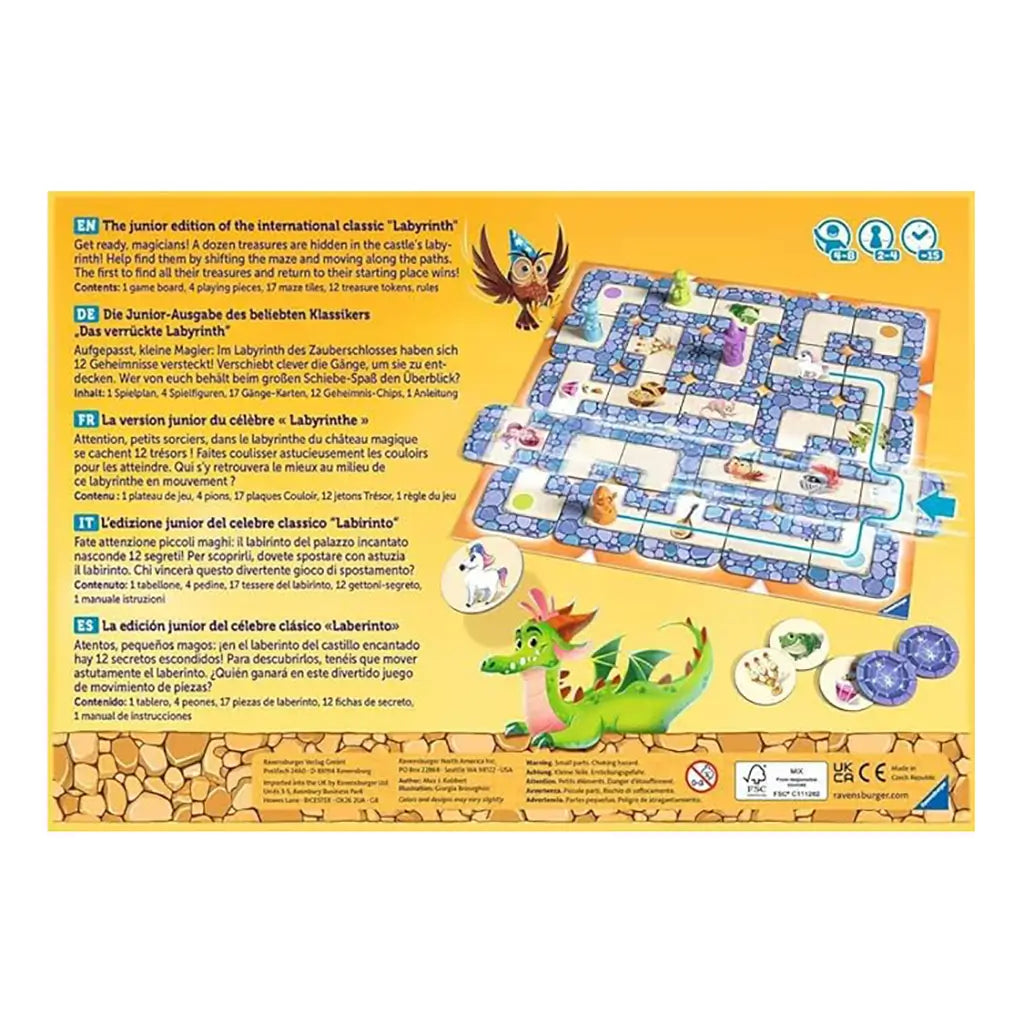 Back of Ravensburger Labyrinth Junior box with multilingual instructions, illustrated game board, dragon and owl artwork, and treasure tokens displayed in a bright layout.