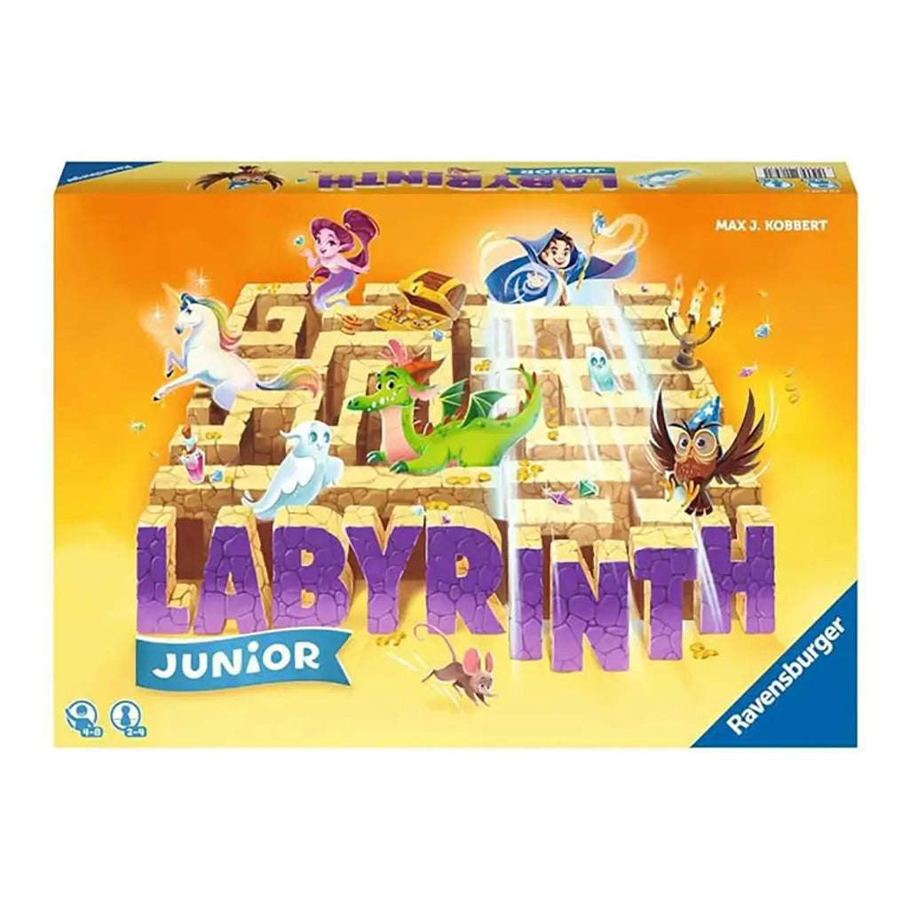 Ravensburger Labyrinth Junior board game front box cover with bright orange background, playful dragon, owl, unicorn, and genie illustrations above a shifting maze.