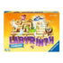 Ravensburger Labyrinth Junior board game front box cover with bright orange background, playful dragon, owl, unicorn, and genie illustrations above a shifting maze.