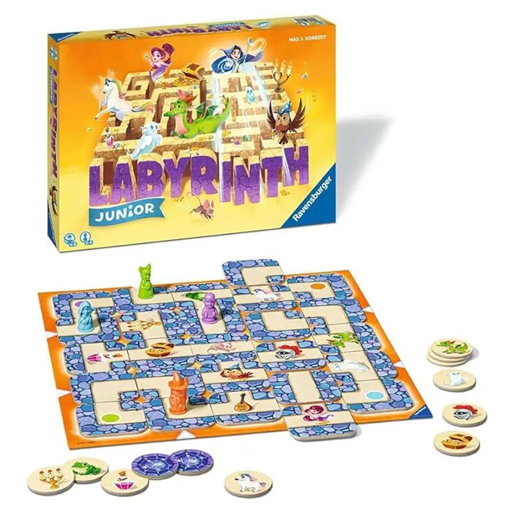 Ravensburger Labyrinth Junior board game setup showing maze tiles, treasure tokens, and colorful playing pieces, alongside the illustrated box featuring magical characters.