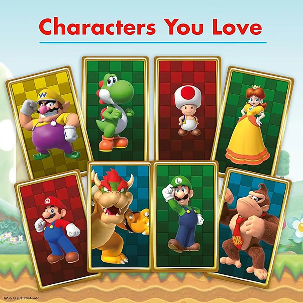Ravensburger Super Mario Labyrinth character cards featuring Wario, Yoshi, Toad, Daisy, Mario, Bowser, Luigi, and Donkey Kong in colorful, grid-patterned designs.