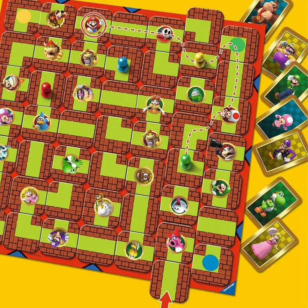 Close-up of Ravensburger Super Mario Labyrinth game board with Mario, Luigi, and other characters on maze tiles, showing bright paths and detailed artwork.