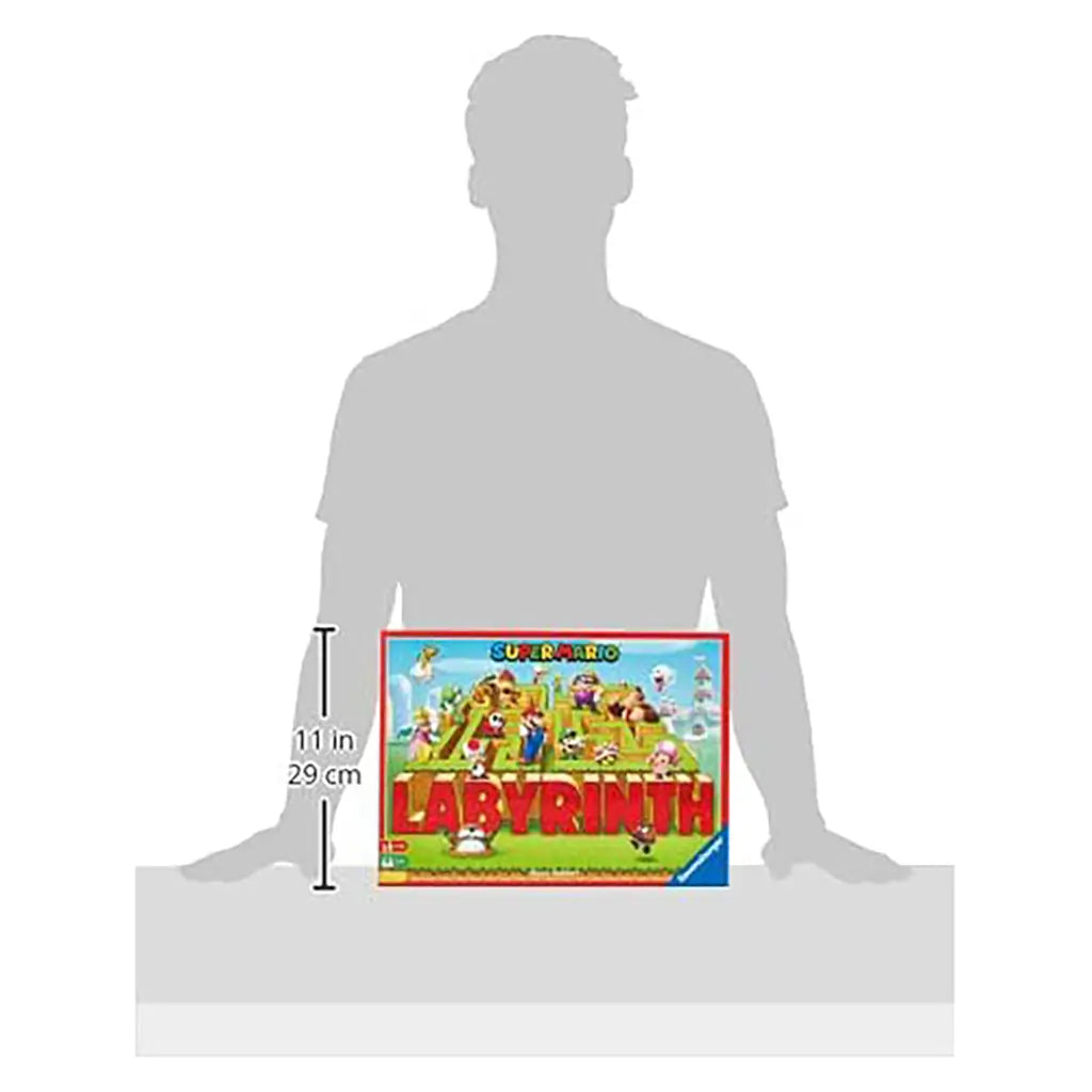 Size comparison image showing Ravensburger Super Mario Labyrinth box held in front of person silhouette, measuring approximately 11 inches tall and 29 cm wide.