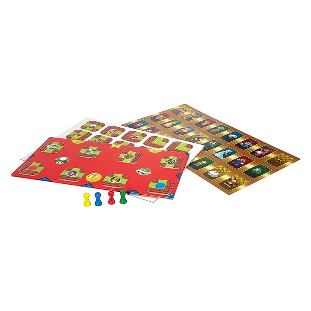 Ravensburger Super Mario Labyrinth included components showing red and green game board, maze tiles, picture cards, and colorful playing pawns for family play.