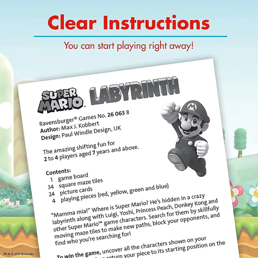Instruction sheet for Ravensburger Super Mario Labyrinth with Mario illustration, highlighting clear setup details and game contents for ages 7 and up.