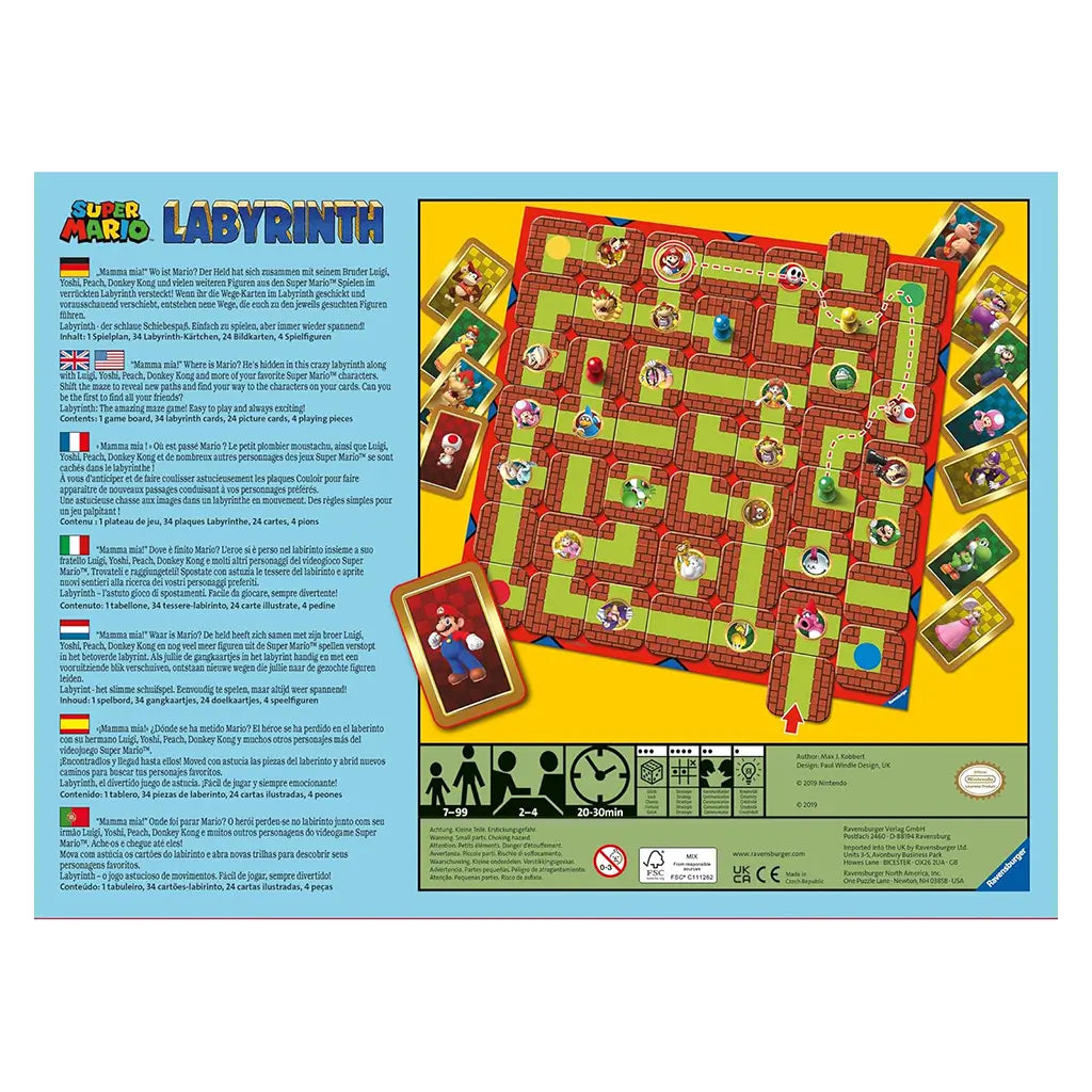 Back of Ravensburger Super Mario Labyrinth game box with multilingual instructions, board layout, and character cards, explaining gameplay mechanics and objectives.