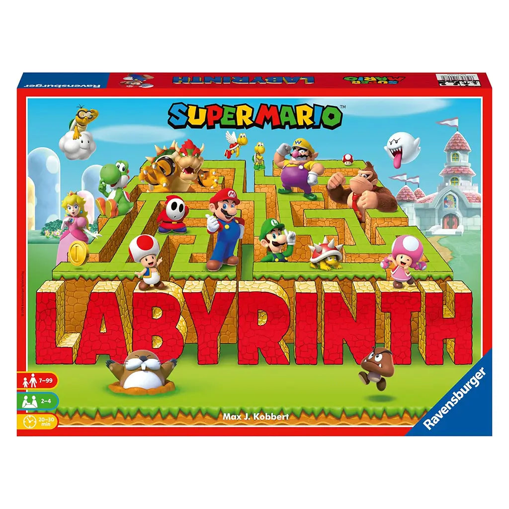 Front of Ravensburger Super Mario Labyrinth box with Mario, Luigi, Princess Peach, Bowser, Donkey Kong, and other characters around a bright shifting maze design.