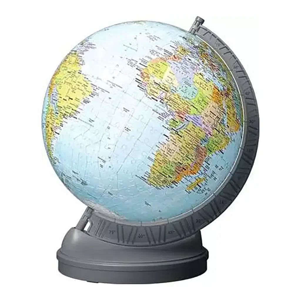Fully assembled Ravensburger 3D Puzzle Globe with colorful continents on light blue ocean background, resting on a durable gray stand with latitude markings and axis tilt.