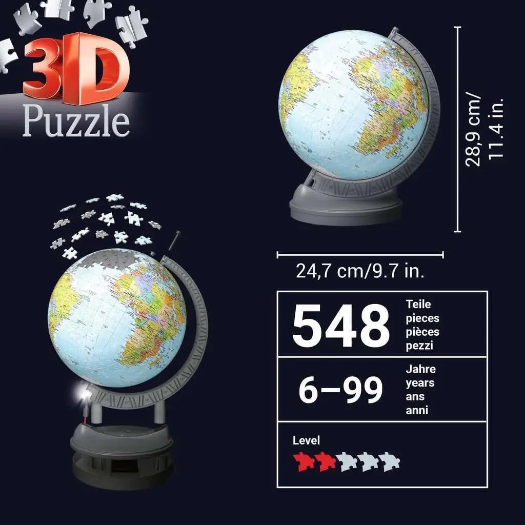 Diagram of Ravensburger 3D Puzzle Globe with 548 interlocking pieces, measuring 28.9 cm tall and 24.7 cm wide, featuring sturdy gray stand, LED lighting, and world map.