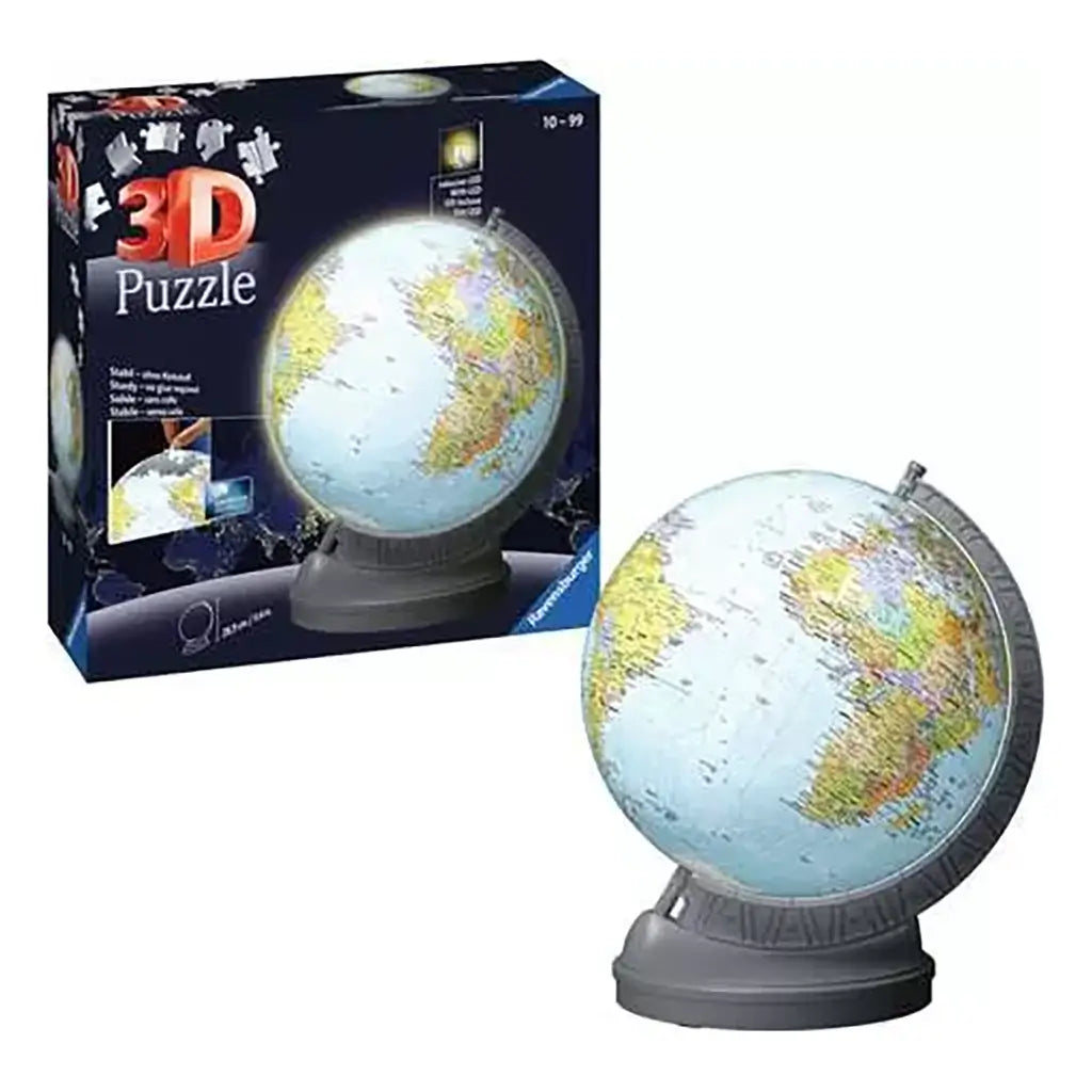 Ravensburger 3D Puzzle Globe packaging showing completed puzzle with 540 sturdy pieces, vibrant political world map colors, LED feature, and easy-click assembly technology.