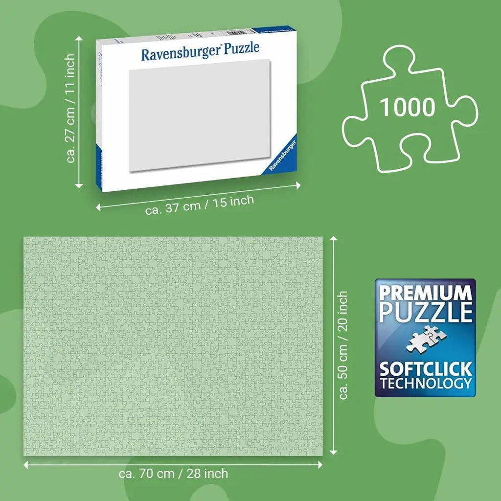 Ravensburger 1000-piece puzzle size chart showing box and finished puzzle dimensions in centimeters and inches, with premium Softclick technology highlighted.