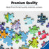 Bright Ravensburger puzzle pieces with glossy textures and vivid multicolor patterns lie scattered on a white background, highlighting the brand’s premium quality materials.
