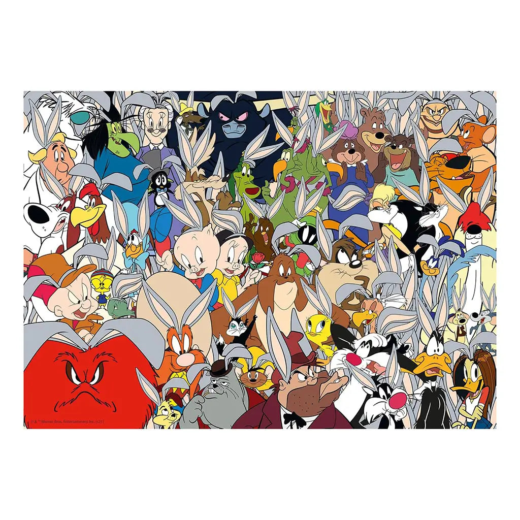 Completed Ravensburger Looney Tunes puzzle showing a dense, colorful collage of classic cartoon characters like Bugs Bunny, Tweety, and Sylvester against a white border.