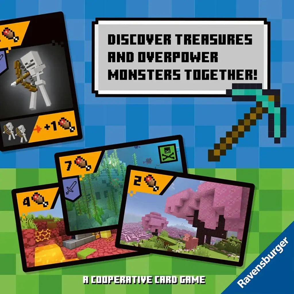 Promotional Ravensburger Minecraft Explorers card game image with pixelated skeleton mob, treasure, and pink tree landscapes, highlighting cooperative monster battles.