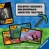 Promotional Ravensburger Minecraft Explorers card game image with pixelated skeleton mob, treasure, and pink tree landscapes, highlighting cooperative monster battles.