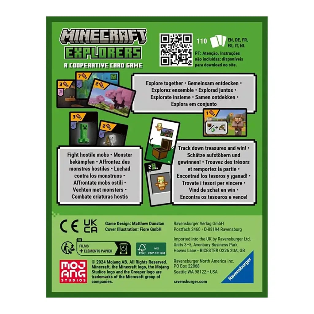 Back of Ravensburger Minecraft Explorers card game box showing instructions, multilingual text, pixelated images of mobs, treasure chests, and adventure-themed cards.