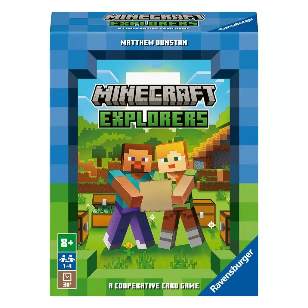 Ravensburger Minecraft Explorers card game box with pixelated Steve and Alex holding a map, set against green hills and a wooden house in the Minecraft blocky world.