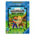 Ravensburger Minecraft Explorers card game box with pixelated Steve and Alex holding a map, set against green hills and a wooden house in the Minecraft blocky world.