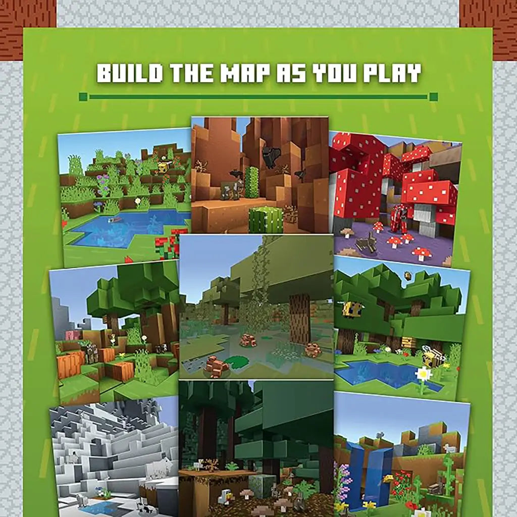 Minecraft Heroes of the Village promotional image showing colorful biomes like forests, deserts, and mountains with text “Build the map as you play.”