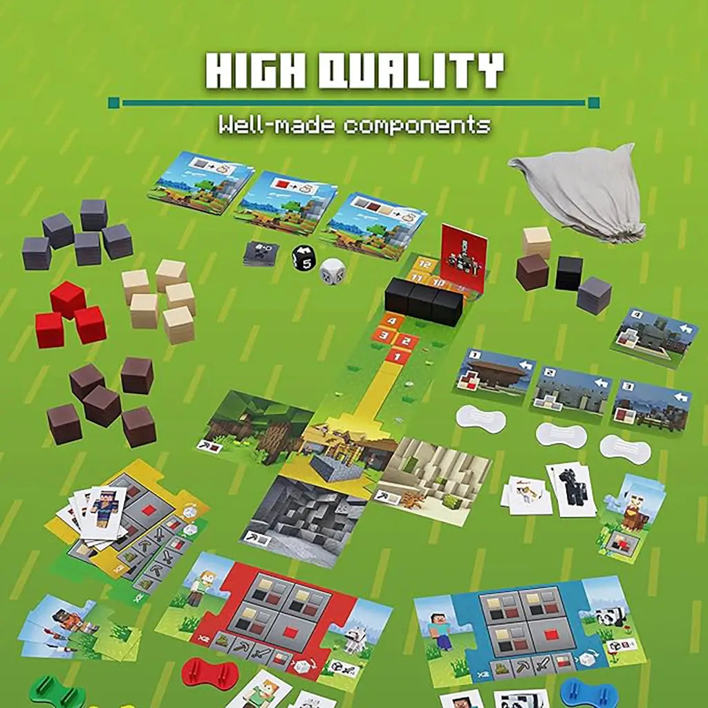 Promotional spread of Minecraft Heroes of the Village components including cubes, cards, dice, map tiles, character boards, and cloth bag on green backdrop.