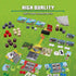 Promotional spread of Minecraft Heroes of the Village components including cubes, cards, dice, map tiles, character boards, and cloth bag on green backdrop.