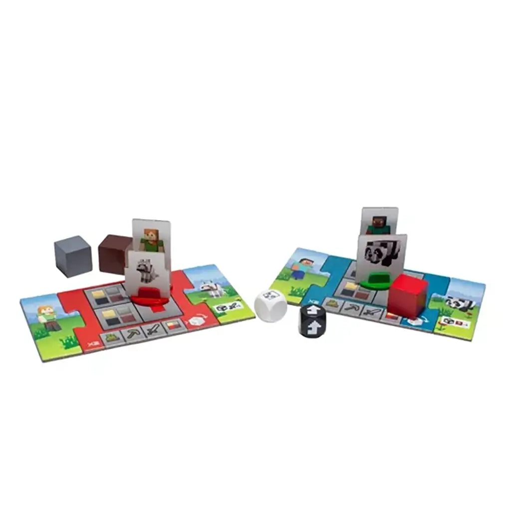 Minecraft Heroes of the Village board game pieces including character tiles, colored cubes, dice, and puzzle-like player boards displayed on a white background.