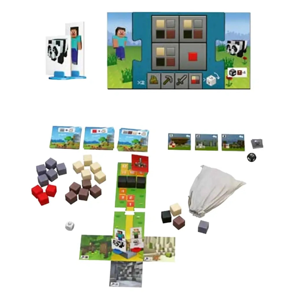 Minecraft Heroes of the Village board game setup with player boards, cubes, dice, map tiles, cards, and cloth bag spread across a white surface.