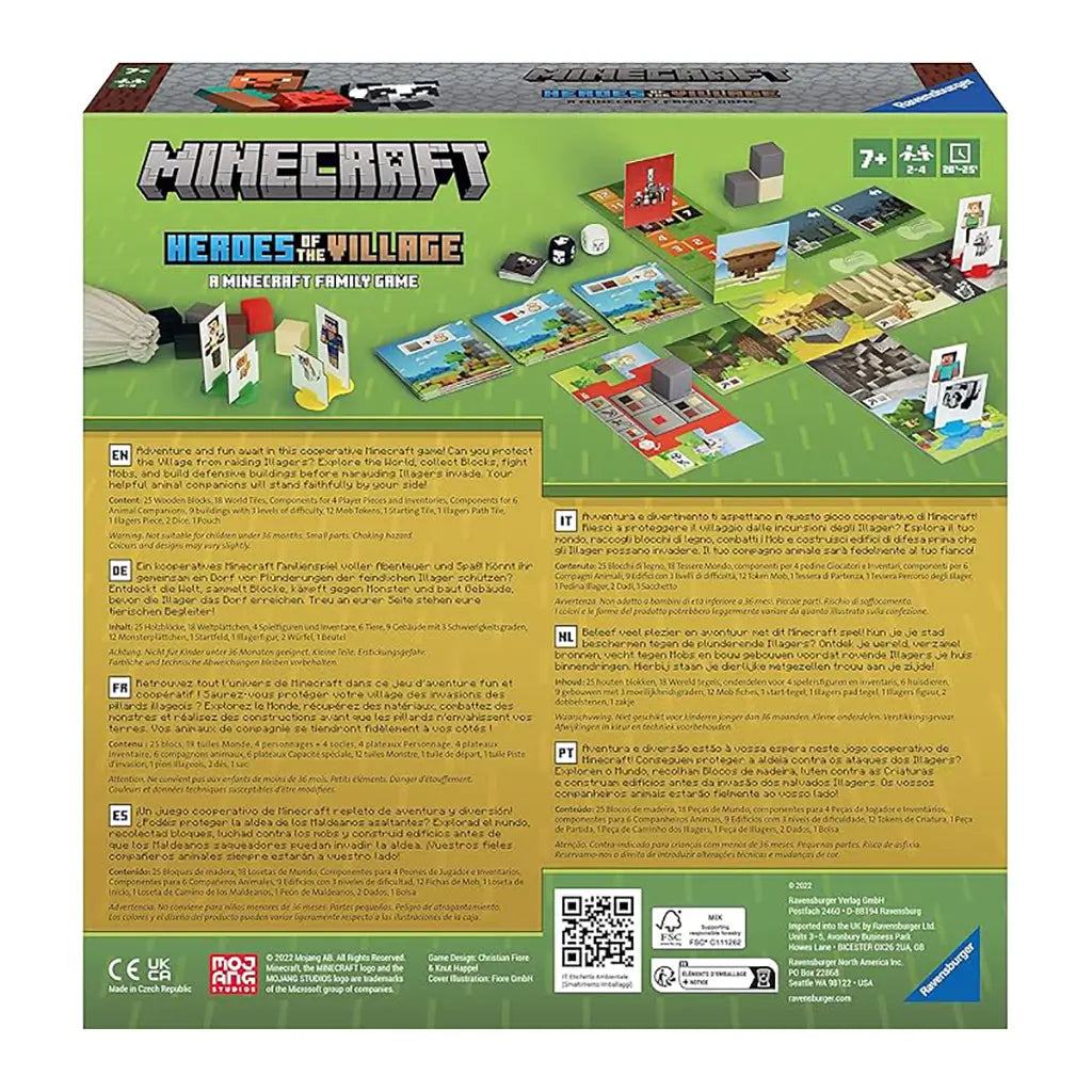 Back of Ravensburger Minecraft Heroes of the Village box featuring description in multiple languages, images of gameplay setup, and component highlights.