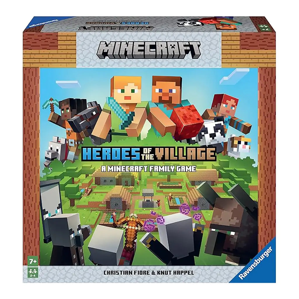 Front of Minecraft Heroes of the Village Ravensburger box showing characters Alex and Steve with pets and enemies in a colorful village scene.