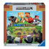Front of Minecraft Heroes of the Village Ravensburger box showing characters Alex and Steve with pets and enemies in a colorful village scene.