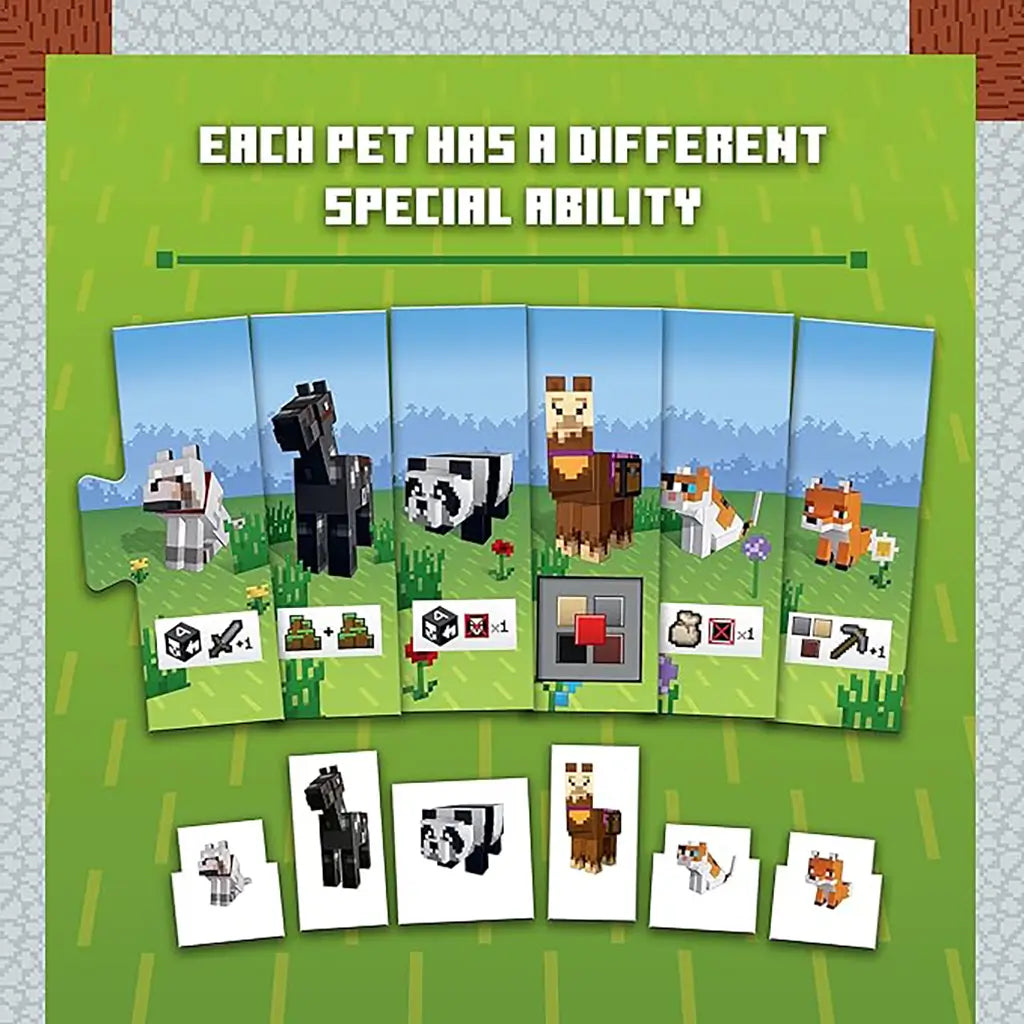Minecraft Heroes of the Village game tiles showing wolf, horse, panda, llama, and cats with text “Each pet has a different special ability.”