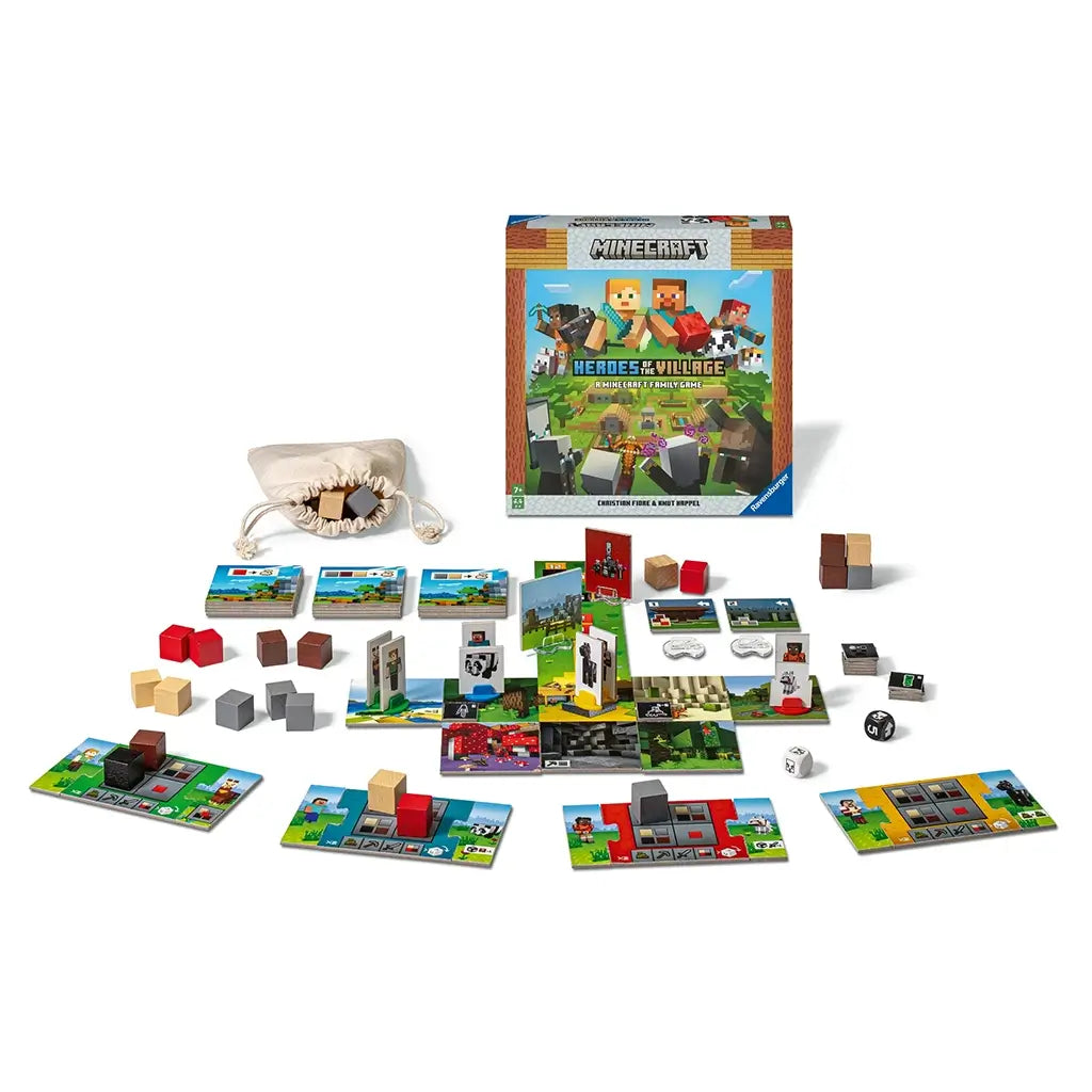 Complete Ravensburger Minecraft Heroes of the Village game set with box, cards, cubes, dice, character tokens, and cloth bag arranged neatly on a table.