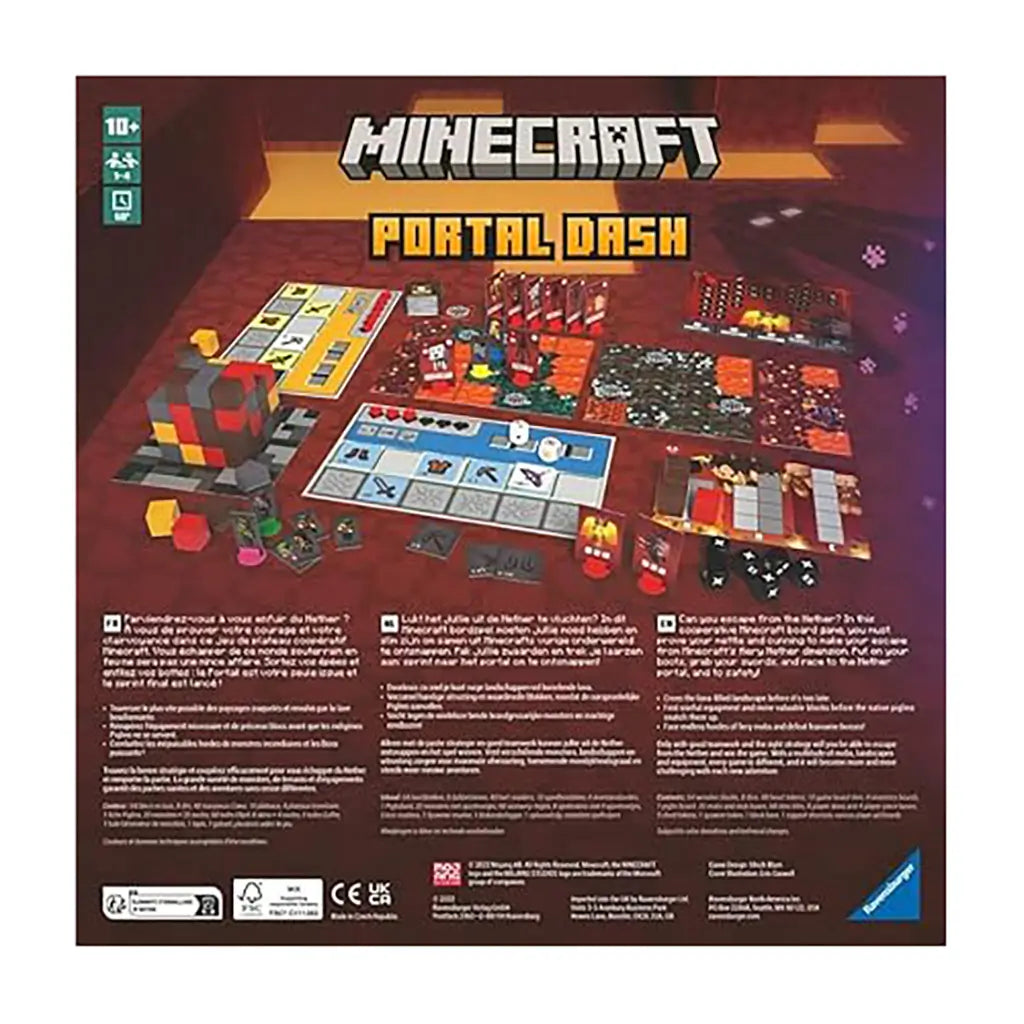 Back of Ravensburger Minecraft Portal Dash board game box showing full set of components, including cards, dice, tokens, and illustrated setup on a fiery Nether-themed background.
