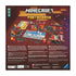 Back of Ravensburger Minecraft Portal Dash board game box showing full set of components, including cards, dice, tokens, and illustrated setup on a fiery Nether-themed background.