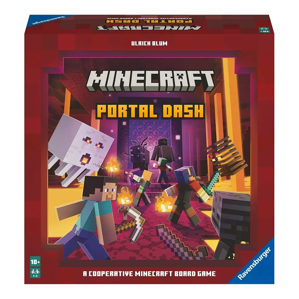 Front of Ravensburger Minecraft Portal Dash box with pixelated characters in Nether battle scene, featuring swords, mobs, and fire effects, designed as a cooperative board game for ages 10 and up.